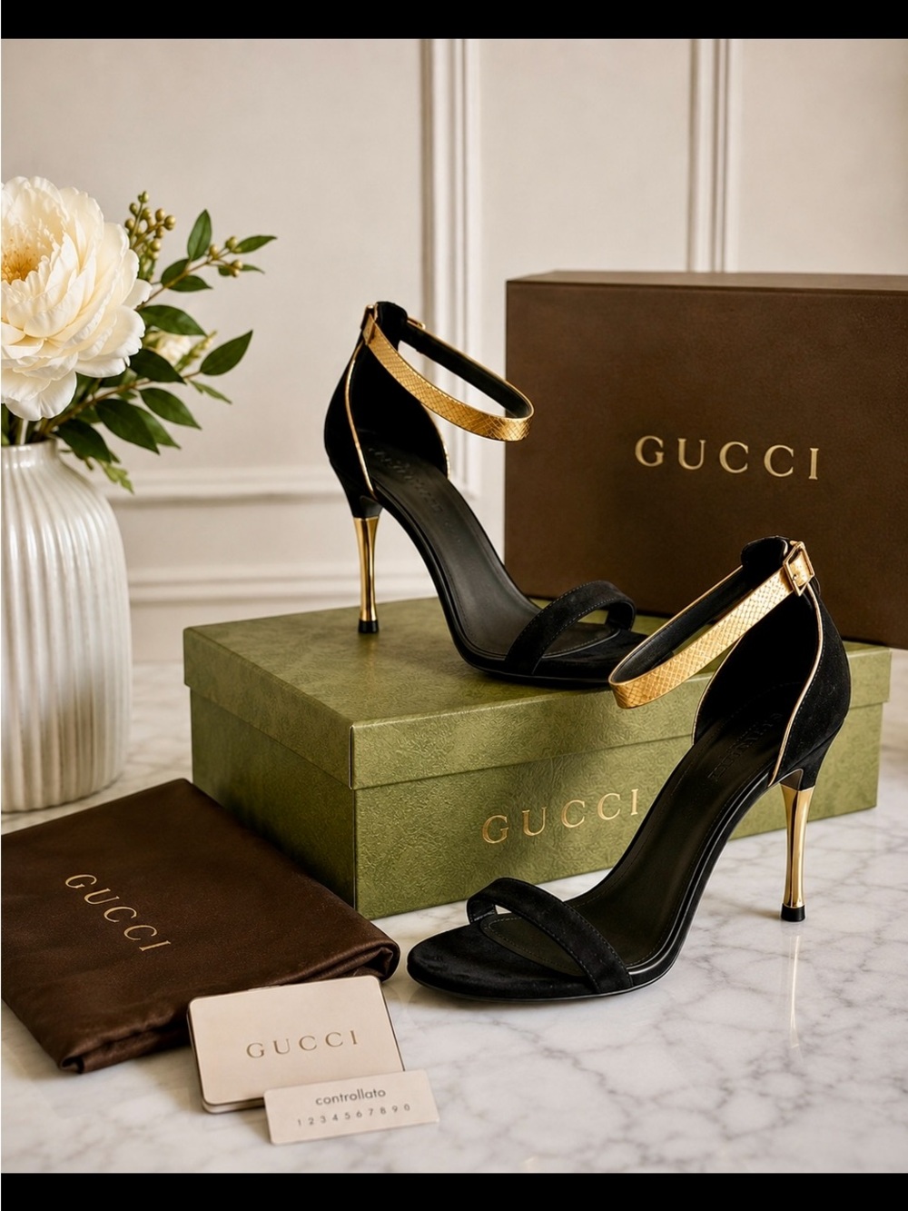 Gucci Black Suede Stiletto Sandals with Gold Ankle Straps - Picture 5 of 5